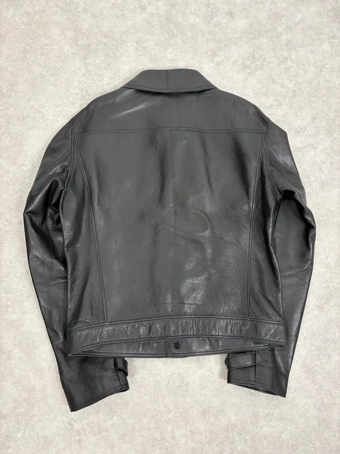 2000s Gianni Versace Pure Black Leather Embellished Trucker Jacket DTspJBy 5