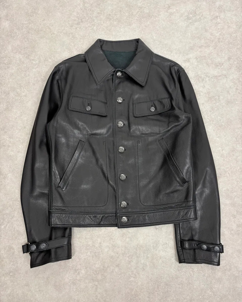 2000s Gianni Versace Pure Black Leather Embellished Trucker Jacket DTspJBy 2