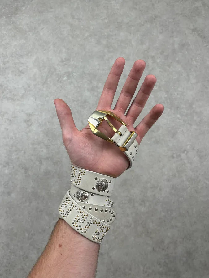 2000s Gianni Versace Studded Medusa White Leather Belt inloDEW 1