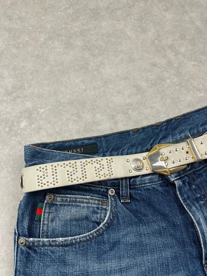 2000s Gianni Versace Studded Medusa White Leather Belt inloDEW 3