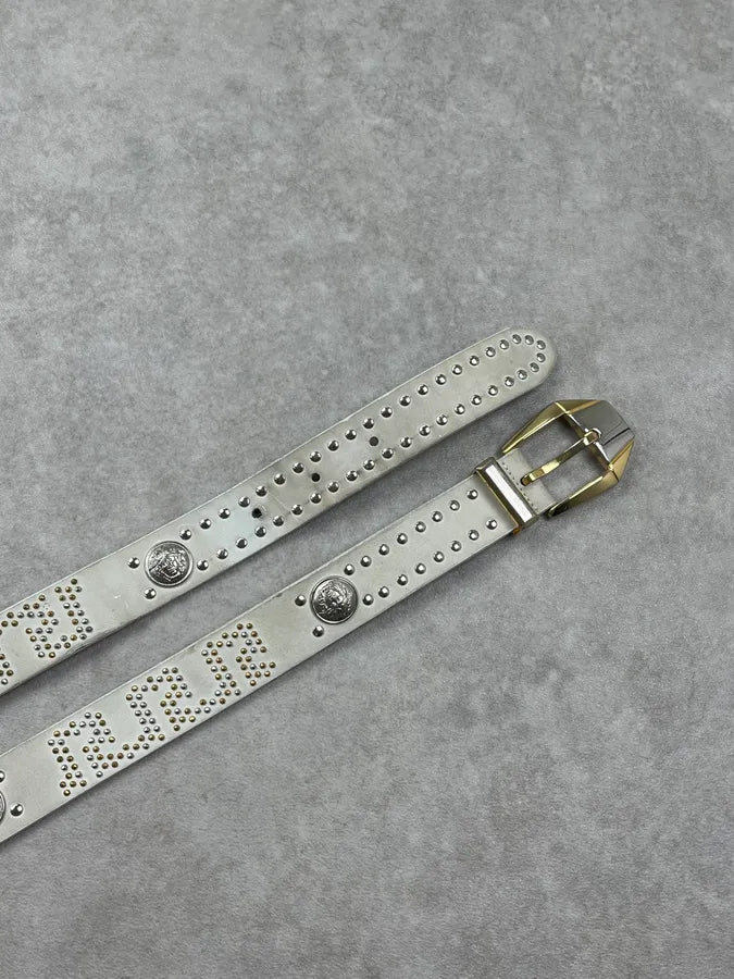 2000s Gianni Versace Studded Medusa White Leather Belt inloDEW 4