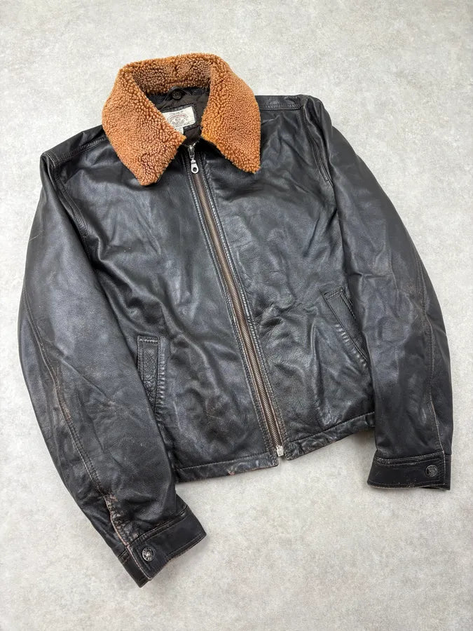 1990s Giorgio Armani Fur Collar Black Leather Jacket UiqUNfF 3