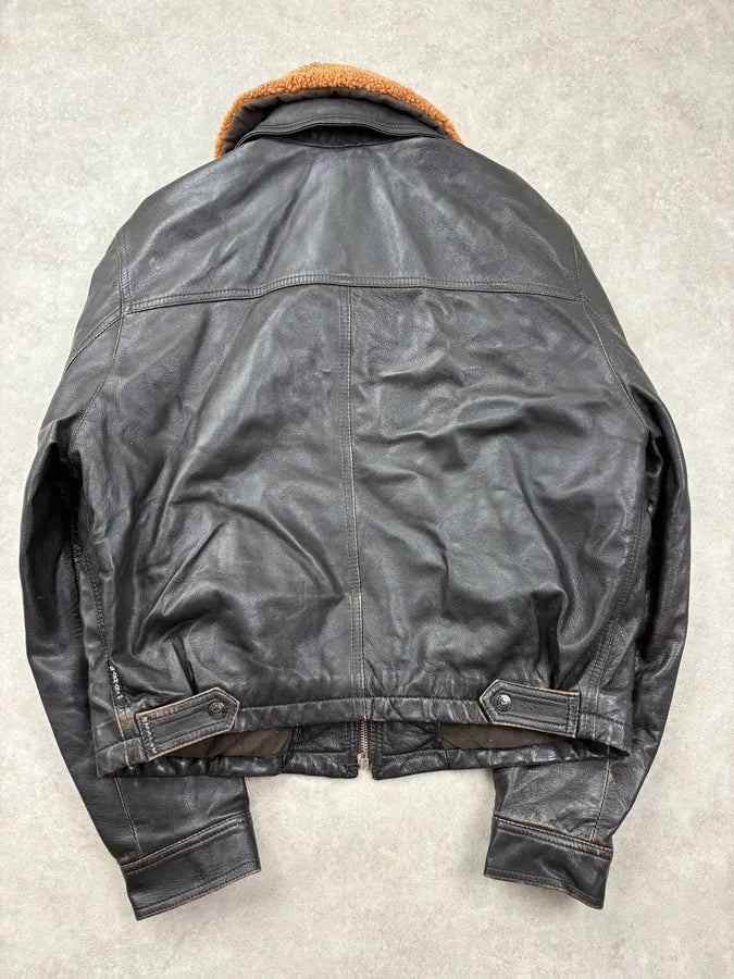 1990s Giorgio Armani Fur Collar Black Leather Jacket UiqUNfF 5