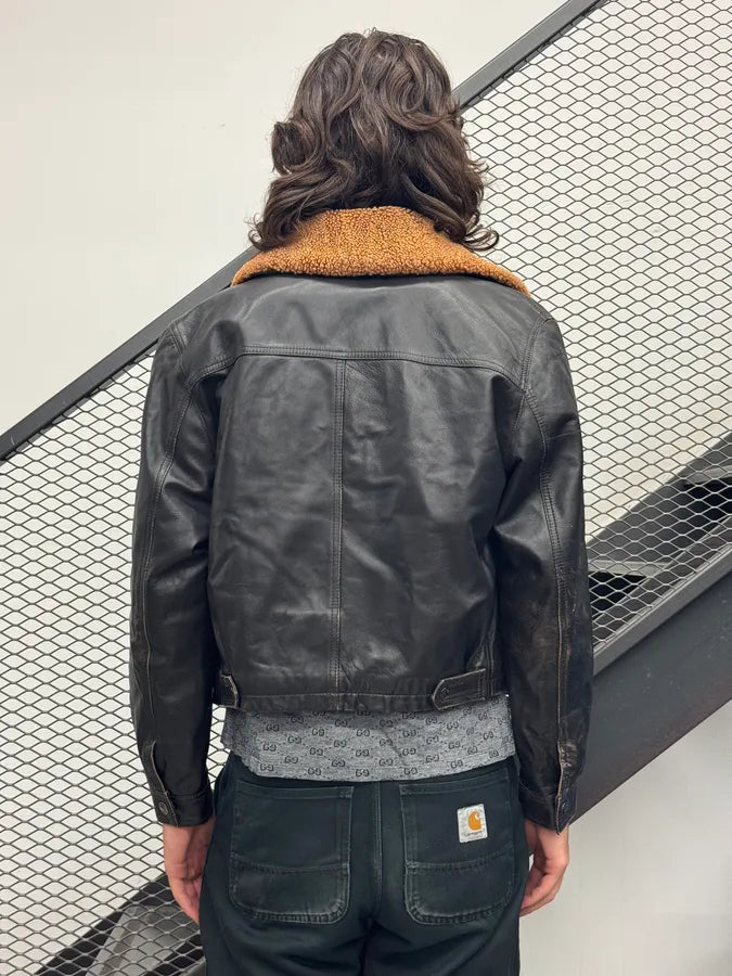 1990s Giorgio Armani Fur Collar Black Leather Jacket UiqUNfF 2