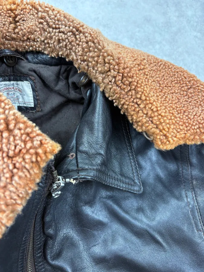 1990s Giorgio Armani Fur Collar Black Leather Jacket UiqUNfF 10