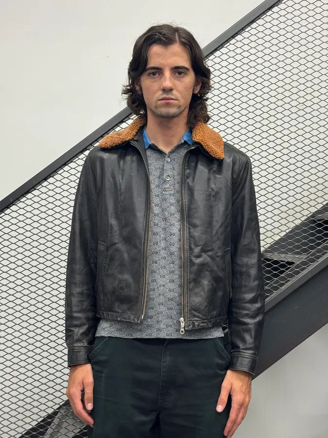 1990s Giorgio Armani Fur Collar Black Leather Jacket UiqUNfF 1