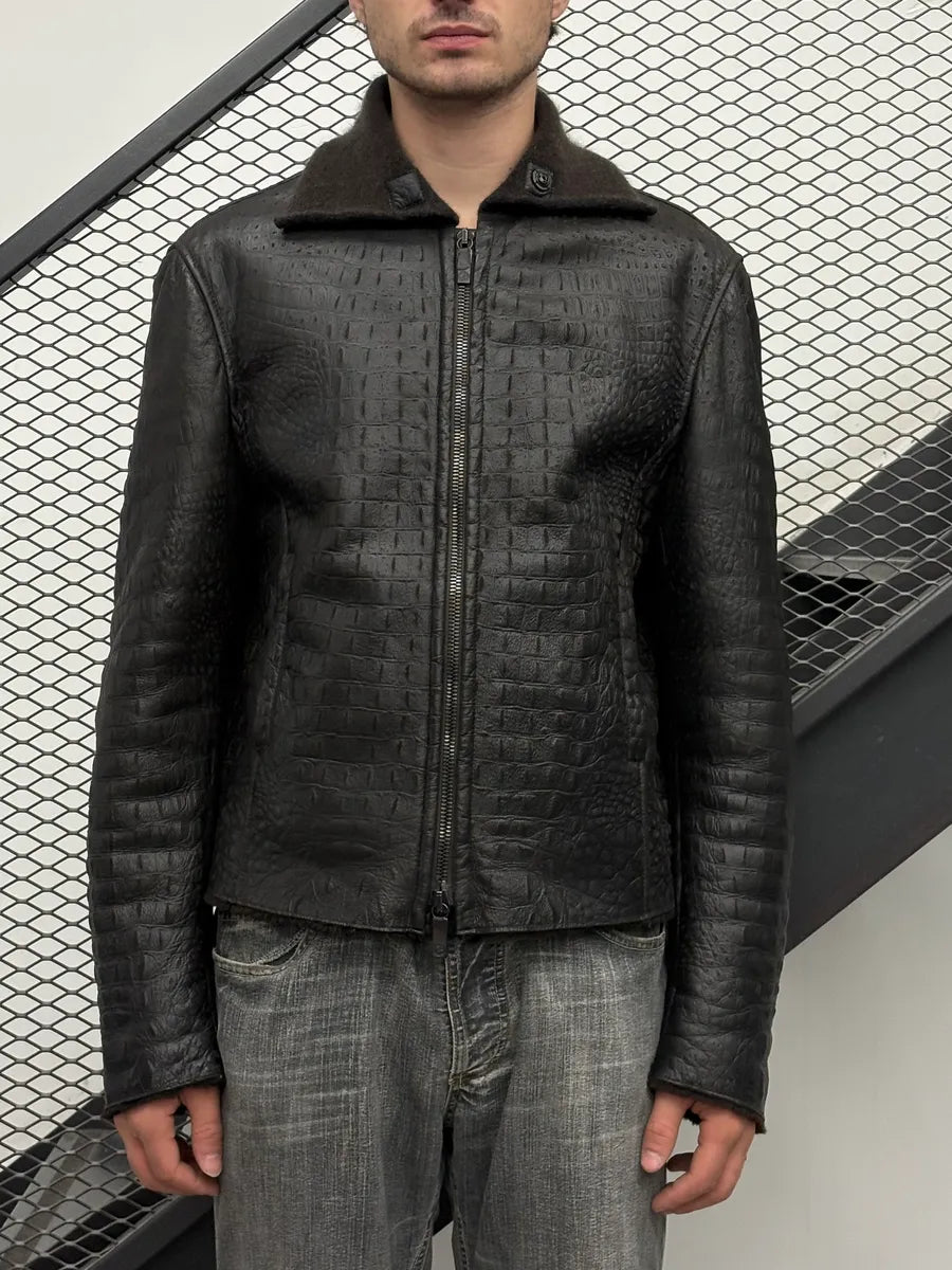 2000s Giorgio Armani Black Crocodile Embossed Leather Jacket RFmsRbx 1