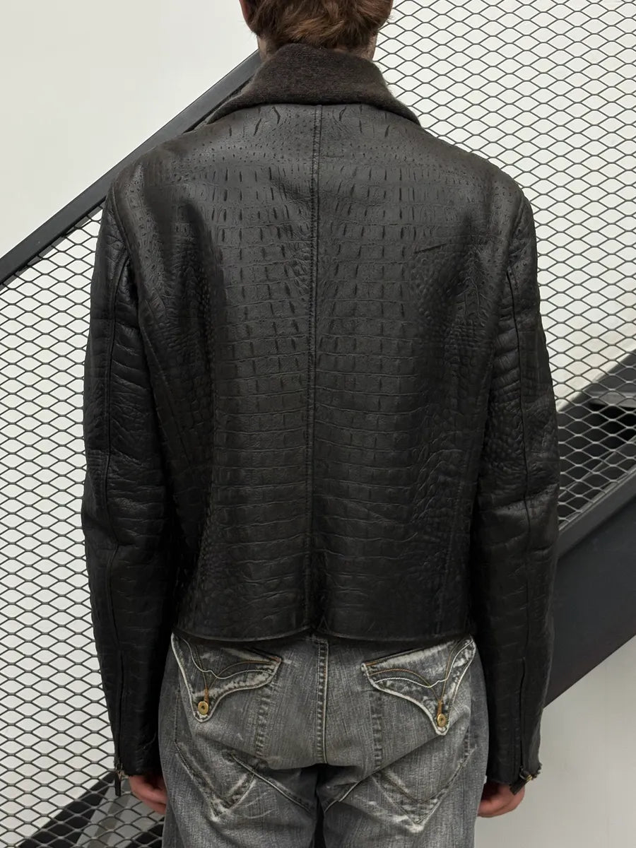2000s Giorgio Armani Black Crocodile Embossed Leather Jacket RFmsRbx 2