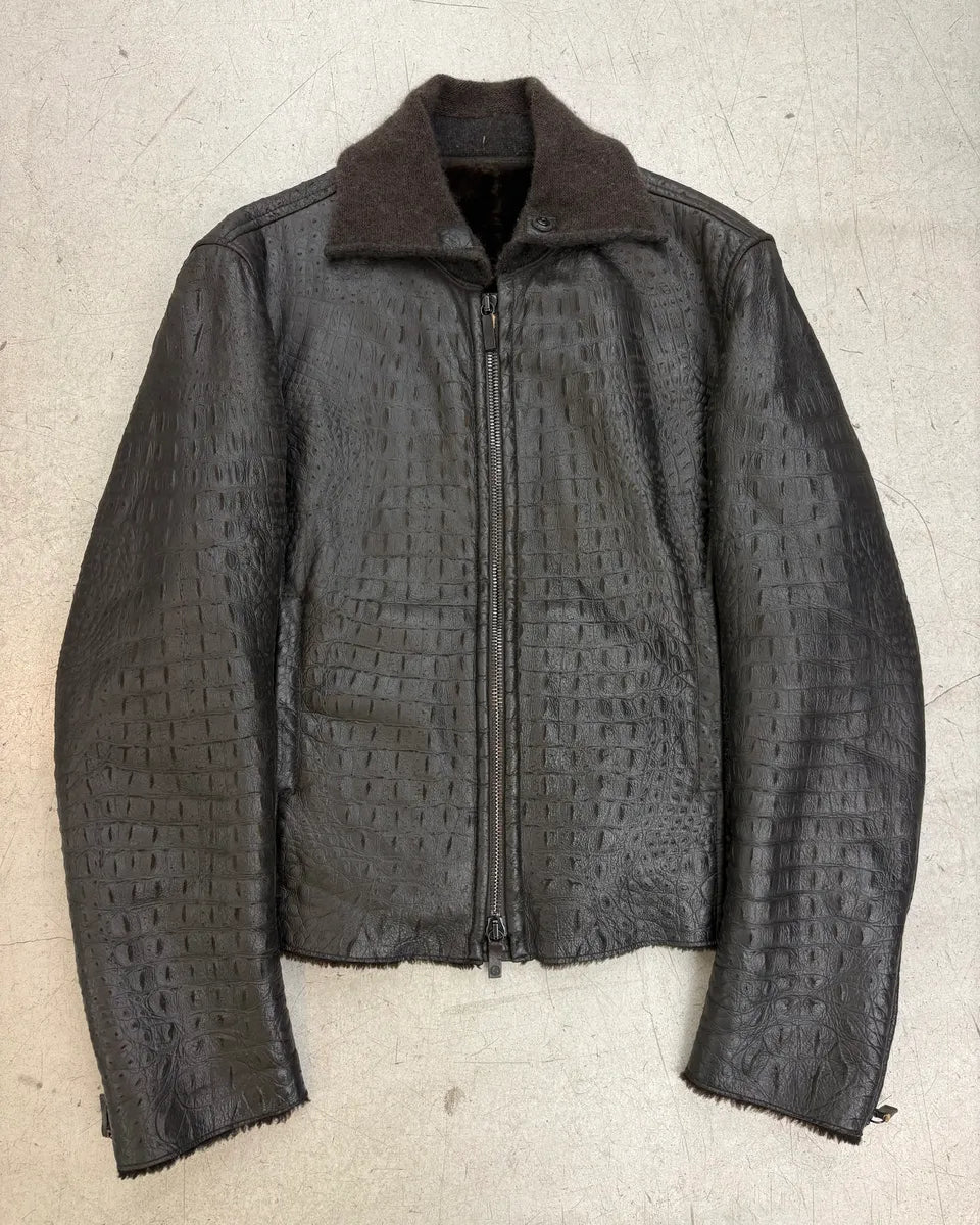 2000s Giorgio Armani Black Crocodile Embossed Leather Jacket RFmsRbx 0