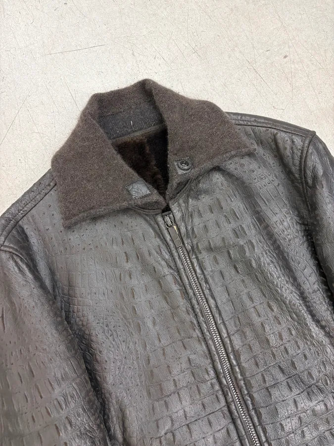 2000s Giorgio Armani Black Crocodile Embossed Leather Jacket RFmsRbx 4