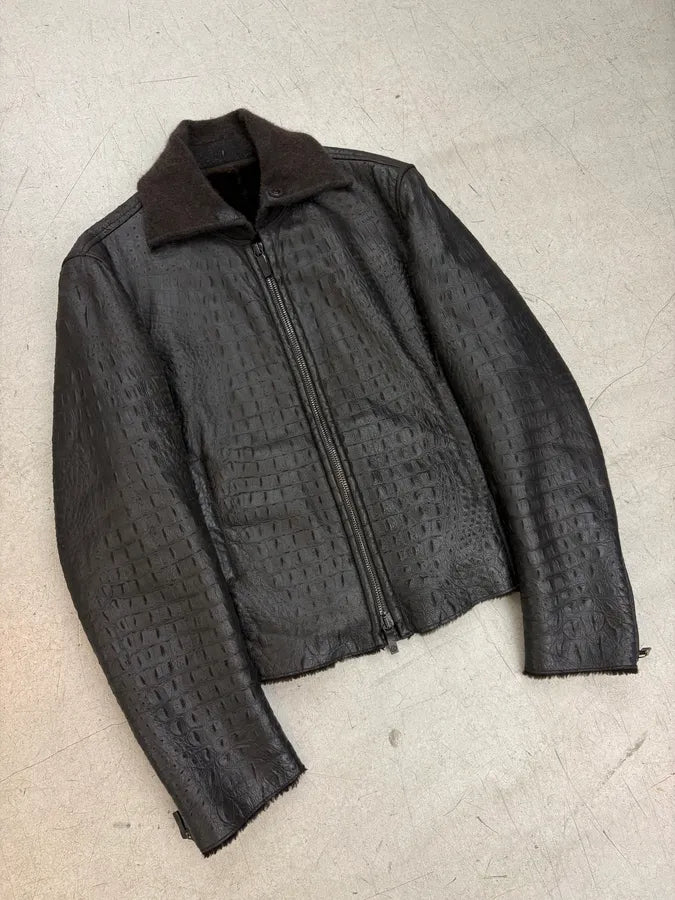 2000s Giorgio Armani Black Crocodile Embossed Leather Jacket RFmsRbx 3