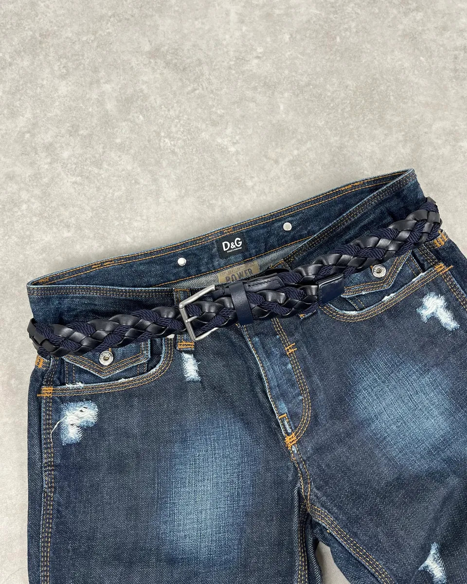 2000s Giorgio Armani Black Leather & Navy Woven Belt msmYqim 0