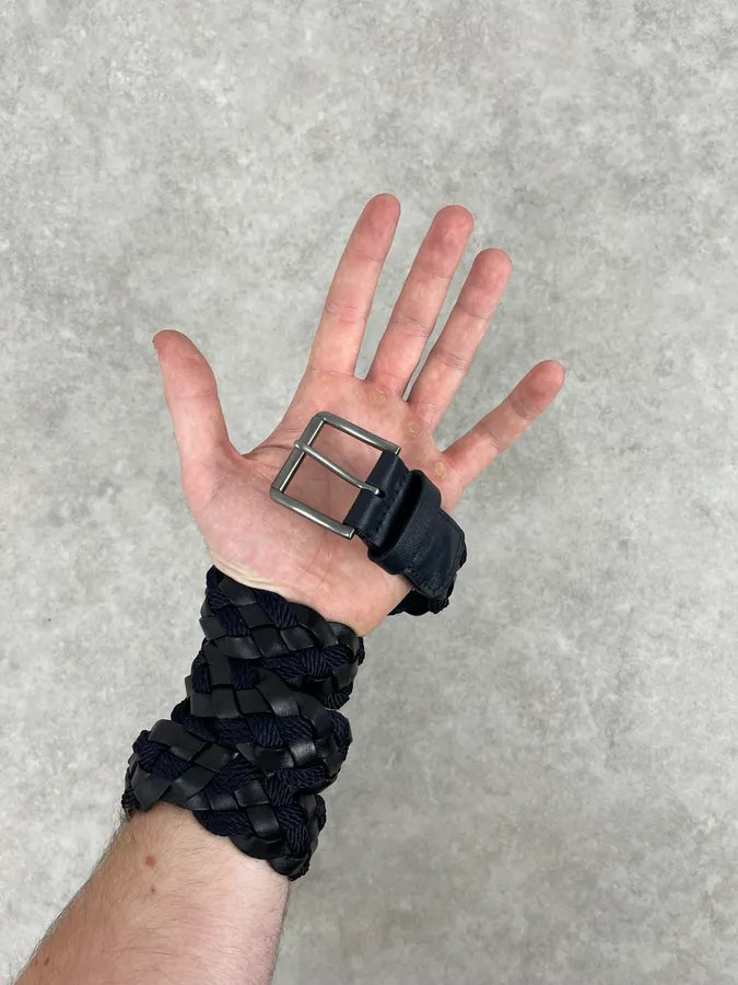 2000s Giorgio Armani Black Leather & Navy Woven Belt msmYqim 1