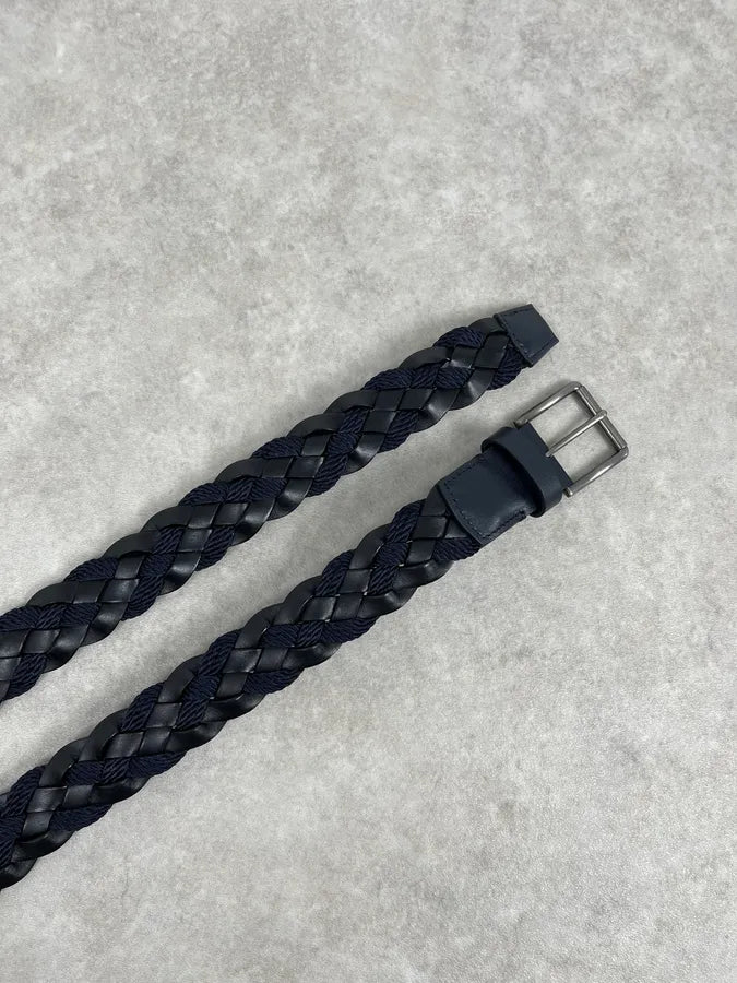 2000s Giorgio Armani Black Leather & Navy Woven Belt msmYqim 2