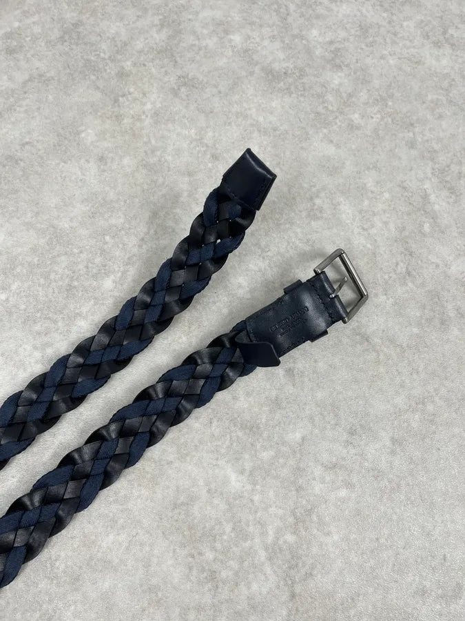 2000s Giorgio Armani Black Leather & Navy Woven Belt msmYqim 3