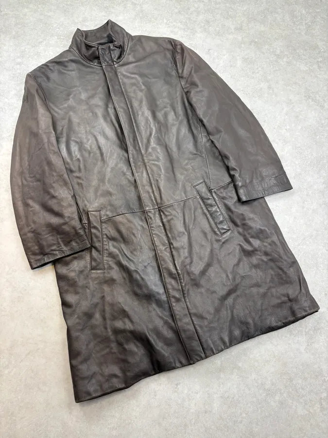 2000s Giorgio Armani Brown Minimalist Leather Long Jacket KiRHmMw 3