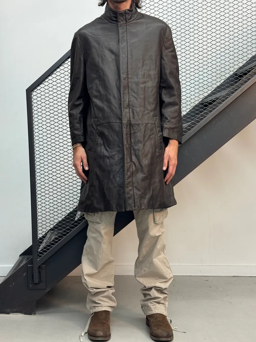 2000s Giorgio Armani Brown Minimalist Leather Long Jacket KiRHmMw 1