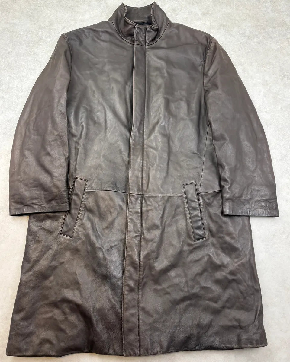2000s Giorgio Armani Brown Minimalist Leather Long Jacket KiRHmMw 0