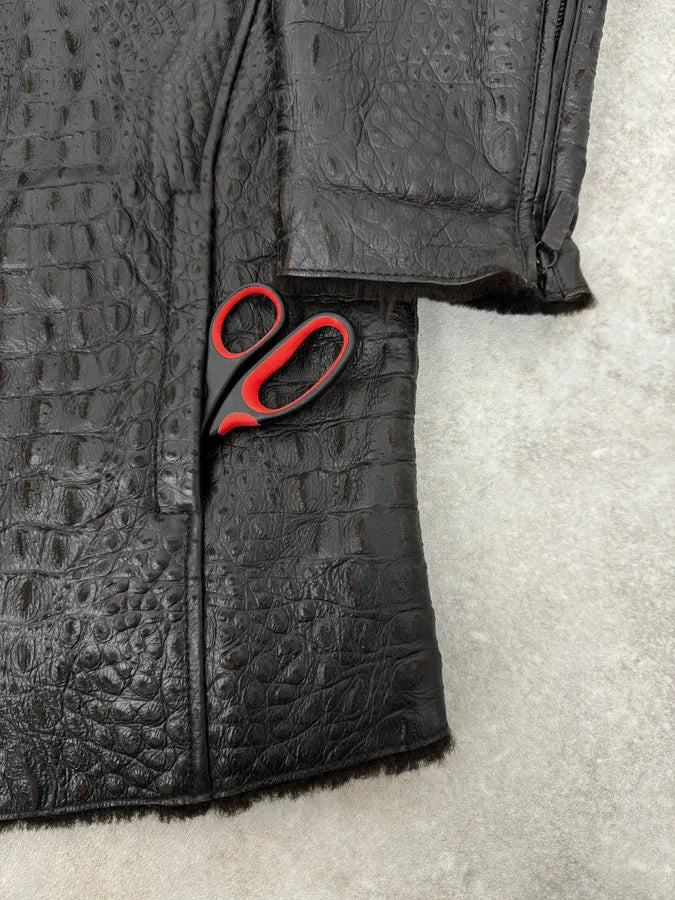 2000s Giorgio Armani Crocodile Effect Brown Leather Aviator Jacket LCYqMig 8