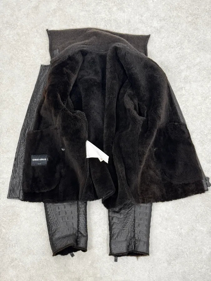 2000s Giorgio Armani Crocodile Effect Brown Leather Aviator Jacket LCYqMig 7