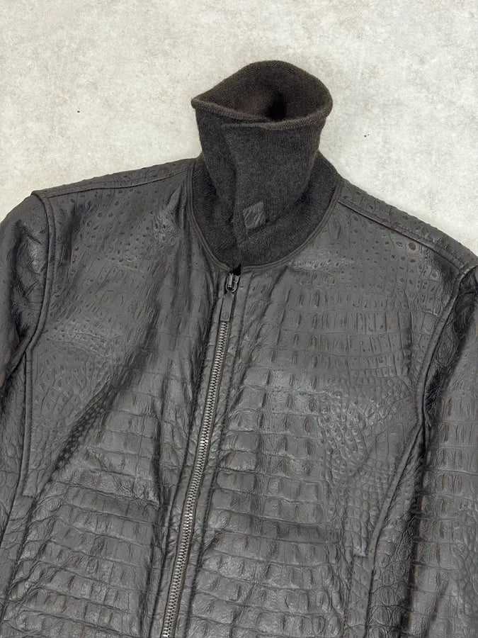 2000s Giorgio Armani Crocodile Effect Brown Leather Aviator Jacket LCYqMig 5