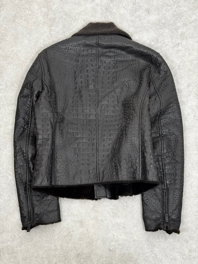 2000s Giorgio Armani Crocodile Effect Brown Leather Aviator Jacket LCYqMig 3