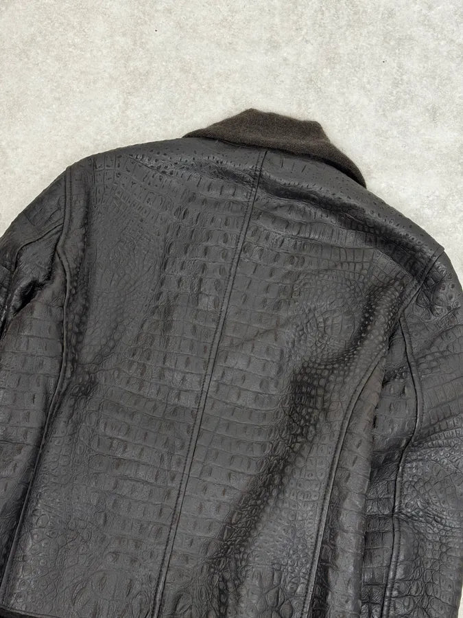 2000s Giorgio Armani Crocodile Effect Brown Leather Aviator Jacket LCYqMig 6