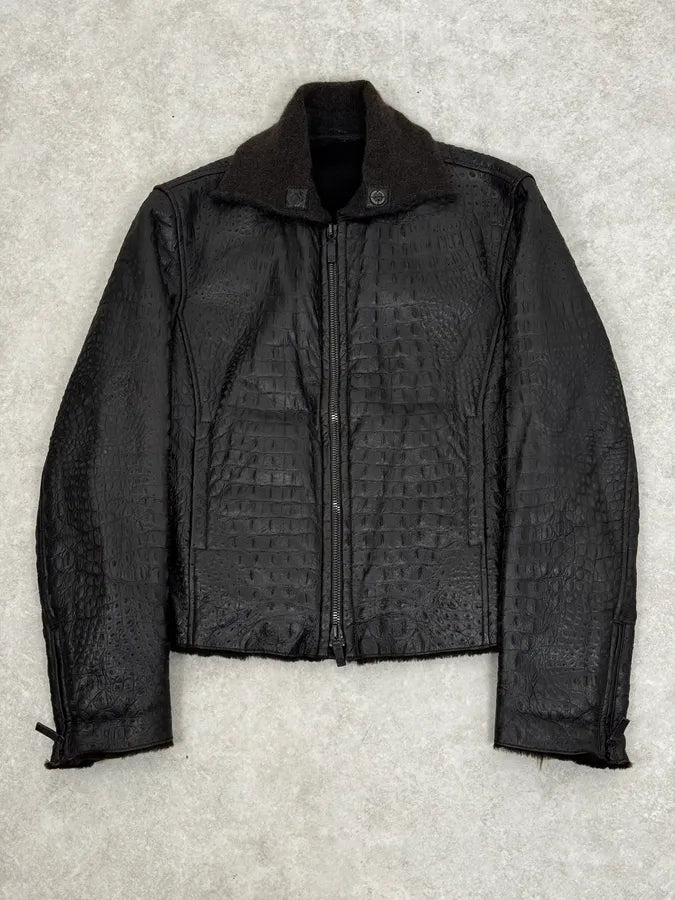 2000s Giorgio Armani Crocodile Effect Brown Leather Aviator Jacket LCYqMig 0