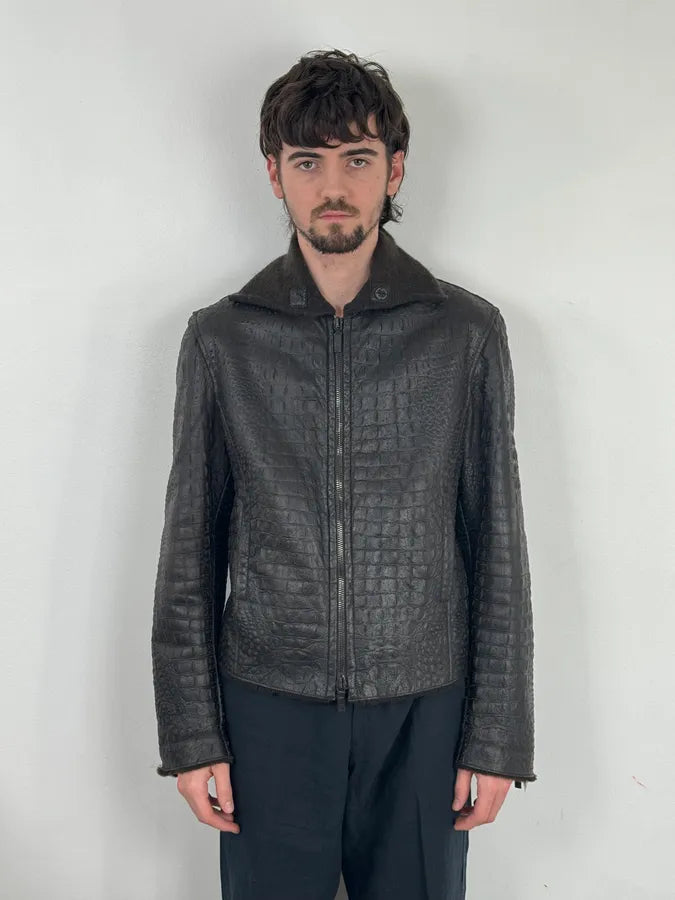 2000s Giorgio Armani Crocodile Effect Brown Leather Aviator Jacket LCYqMig 1