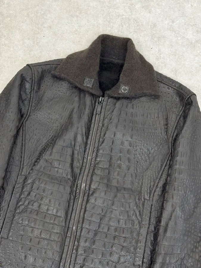 2000s Giorgio Armani Crocodile Effect Brown Leather Aviator Jacket LCYqMig 4