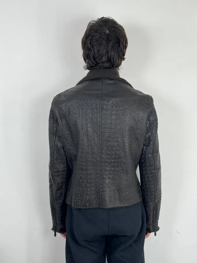 2000s Giorgio Armani Crocodile Effect Brown Leather Aviator Jacket LCYqMig 2