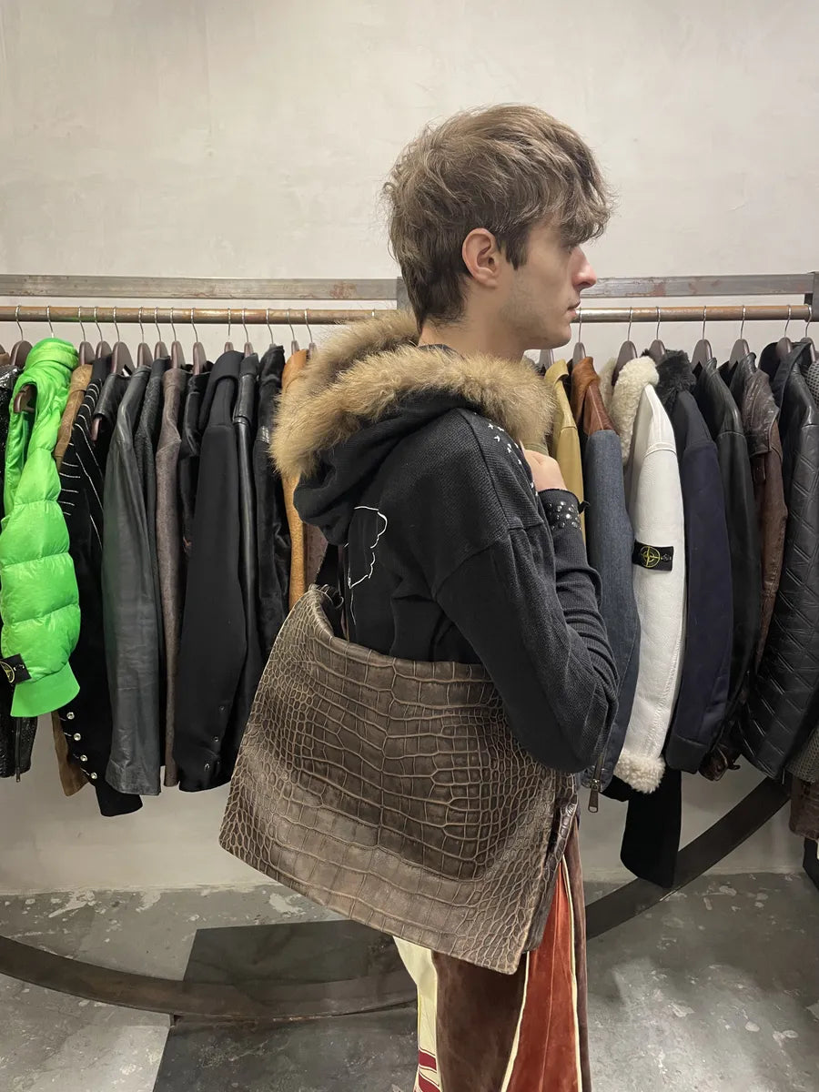 2000s Giorgio Armani Crocodile Effect Leather Messenger Bag (OS) 1