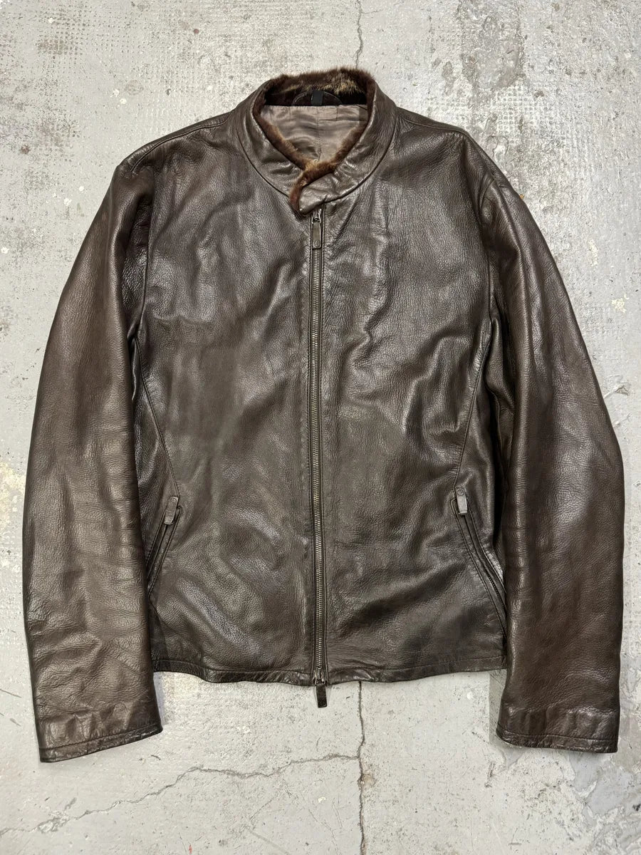 2000s Giorgio Armani Fur Collar Brown Leather Jacket OgmNMsW 0