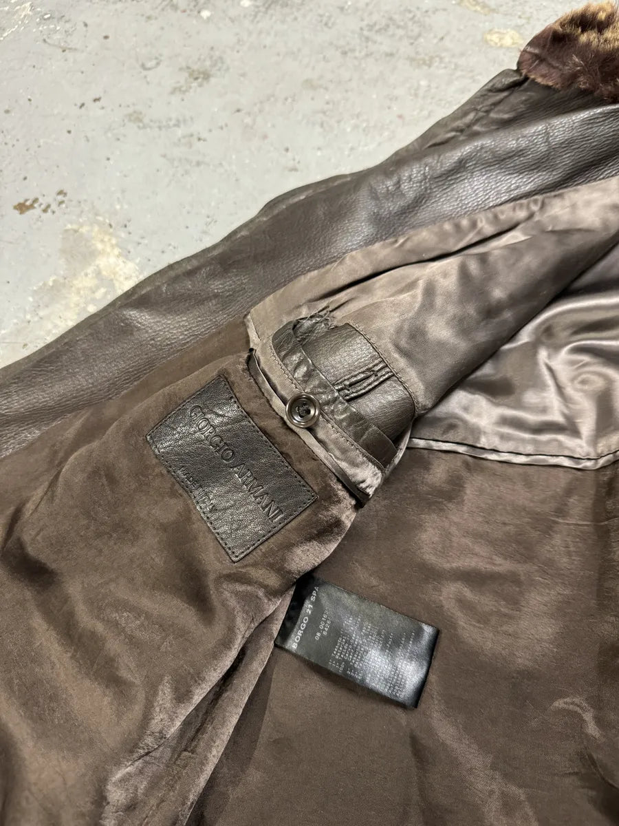 2000s Giorgio Armani Fur Collar Brown Leather Jacket OgmNMsW 8