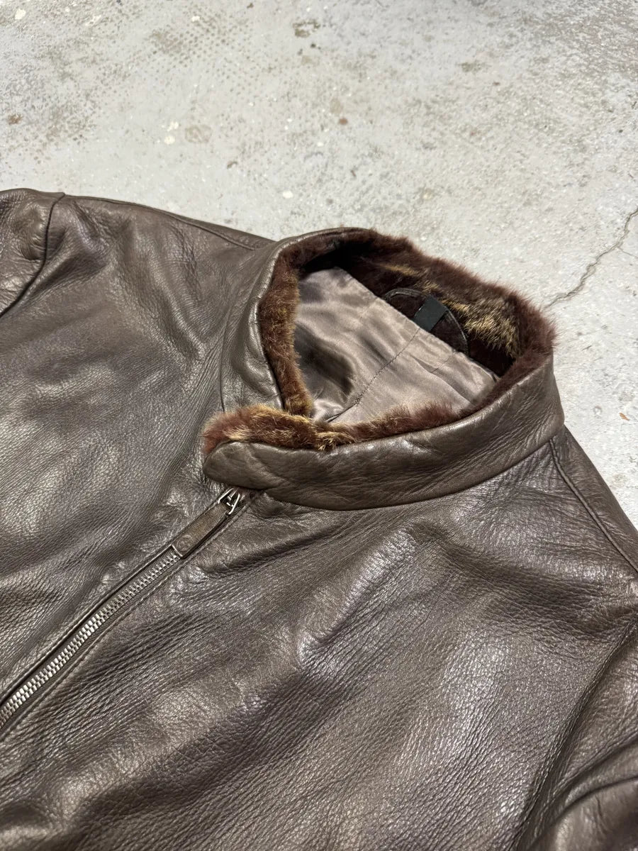 2000s Giorgio Armani Fur Collar Brown Leather Jacket OgmNMsW 9