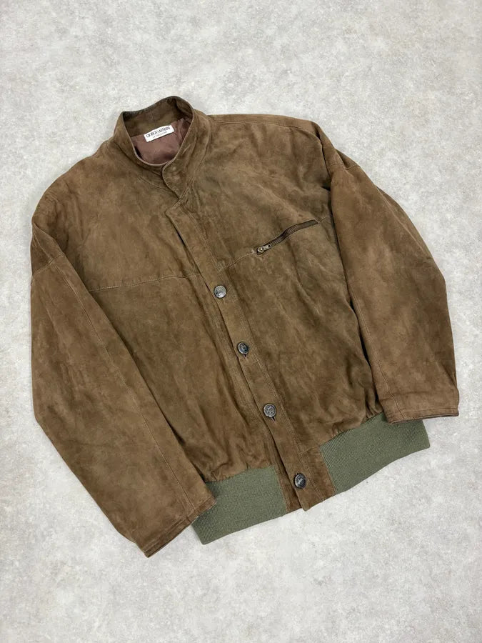 1990s Giorgio Armani Le Collezioni Brown Suede Buttoned Leather Jacket oEOlwQj 3