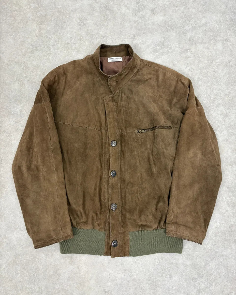 1990s Giorgio Armani Le Collezioni Brown Suede Buttoned Leather Jacket oEOlwQj 0