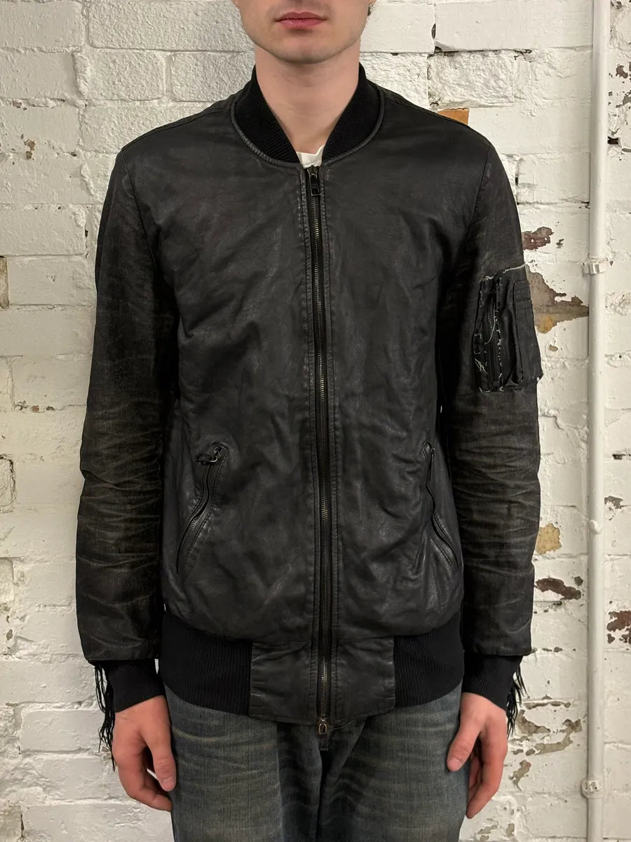 2000s Giorgio Brato Black Faded Distressed Leather Bomber Jacket aMmfBgD 1