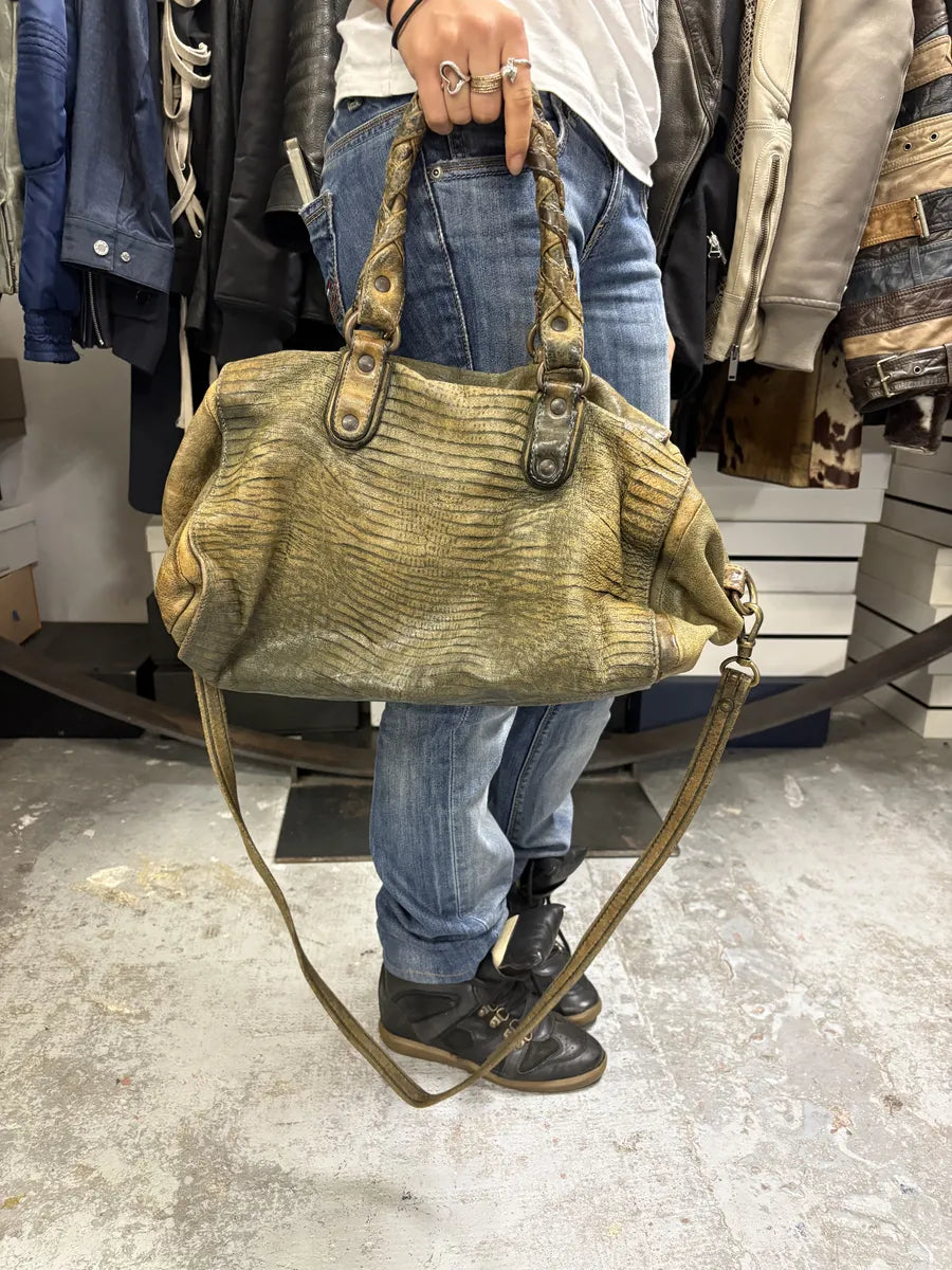 2000s Giorgio Brato Green Eroded Leather Shoulder Bag vWOgkxH 1