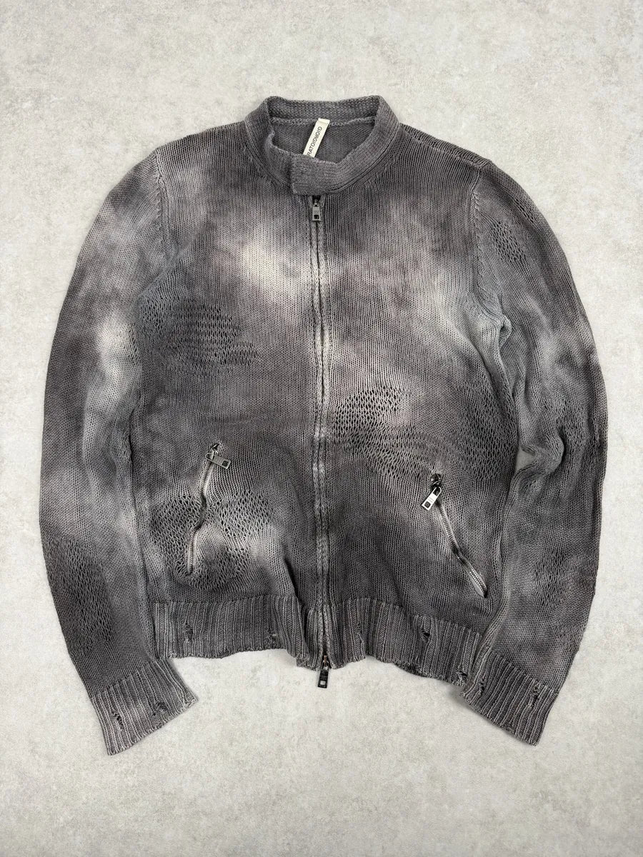 2000s Giorgio Brato Grey Faded Linen Distressed Knitted Zip-up Sweater WppLNhi 0