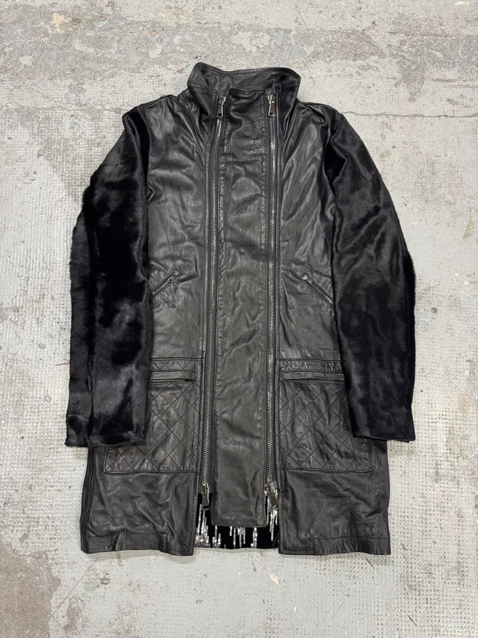 2000s Giorgio Brato Pony Hair Sleeves Double Zip Black Leather Trench Coat VaDDard 0