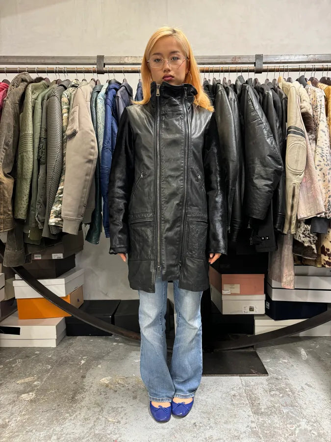 2000s Giorgio Brato Pony Hair Sleeves Double Zip Black Leather Trench Coat VaDDard 1