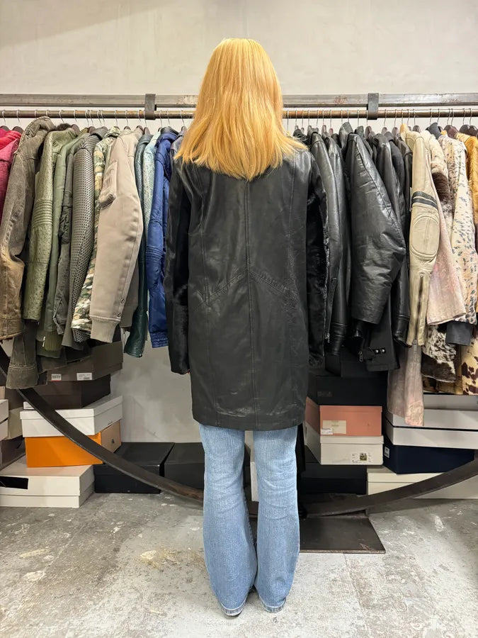 2000s Giorgio Brato Pony Hair Sleeves Double Zip Black Leather Trench Coat VaDDard 10