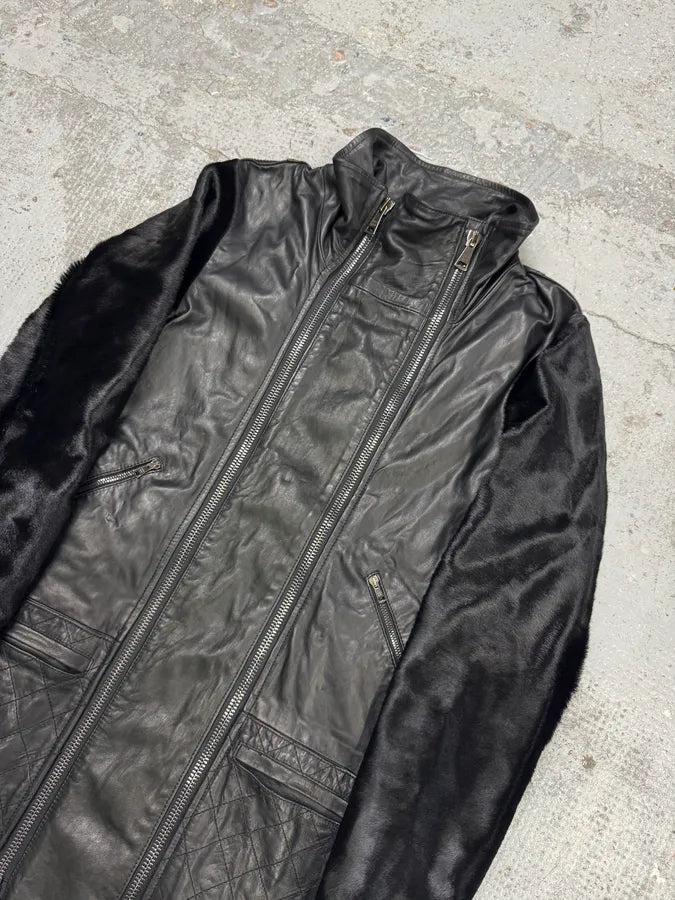 2000s Giorgio Brato Pony Hair Sleeves Double Zip Black Leather Trench Coat VaDDard 2