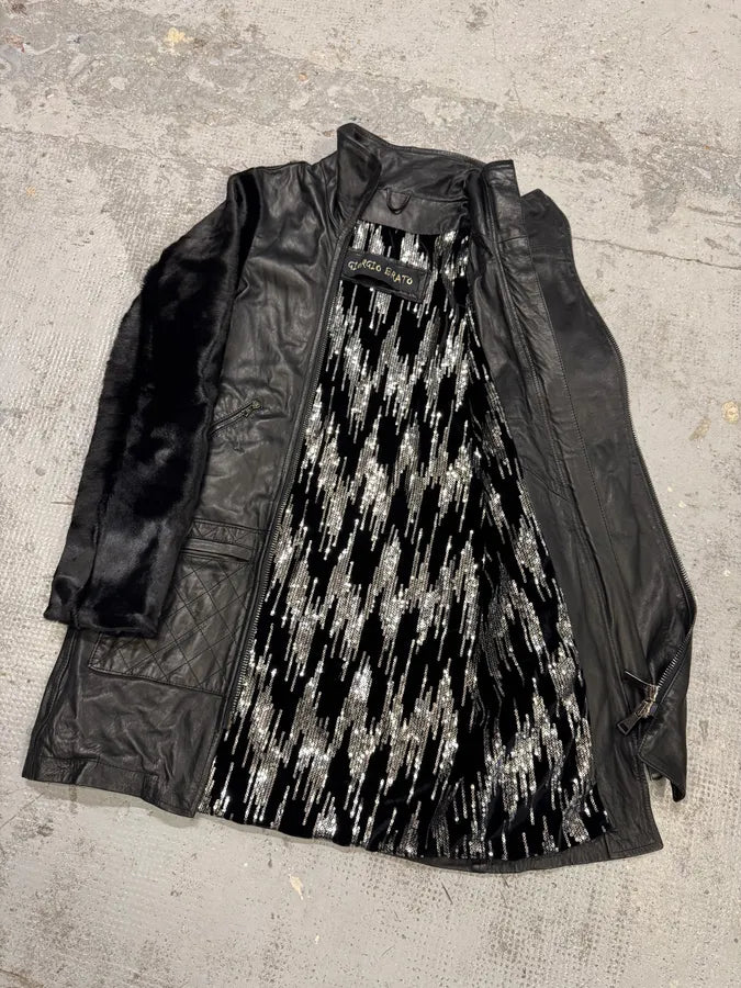 2000s Giorgio Brato Pony Hair Sleeves Double Zip Black Leather Trench Coat VaDDard 3