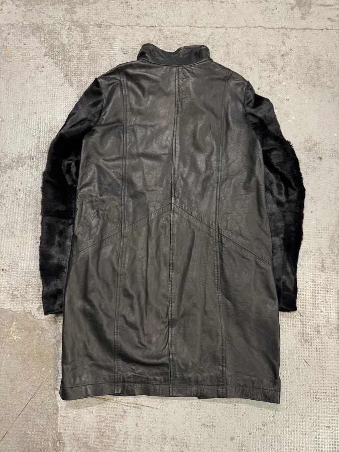 2000s Giorgio Brato Pony Hair Sleeves Double Zip Black Leather Trench Coat VaDDard 4