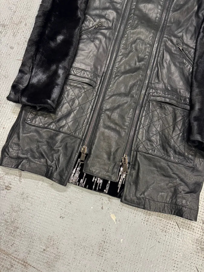 2000s Giorgio Brato Pony Hair Sleeves Double Zip Black Leather Trench Coat VaDDard 6