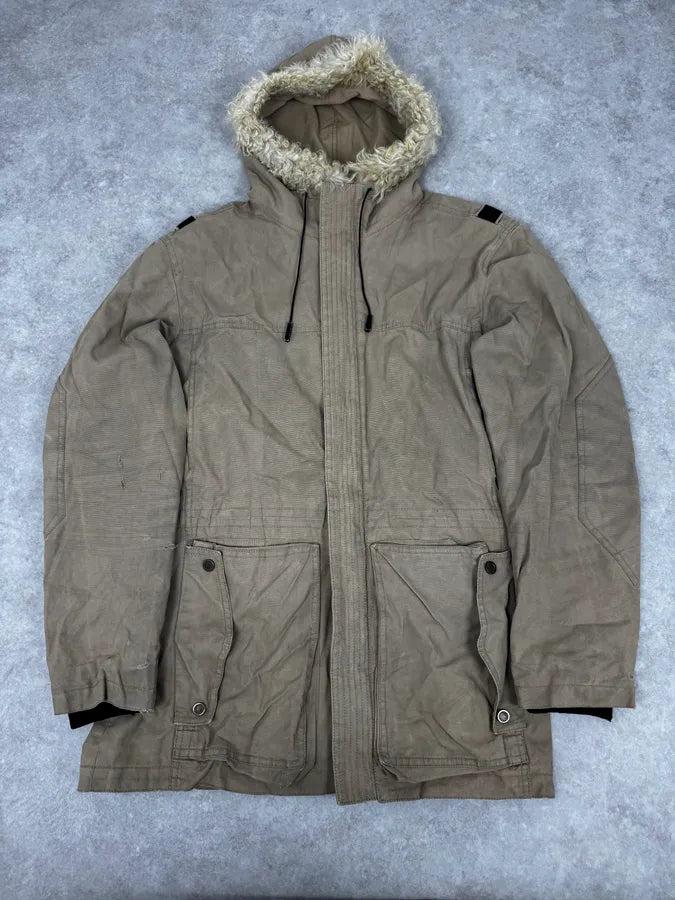 2000s Givenchy Destroyed Fur Hood Beige Cargo Jacket kpyXcvD 2