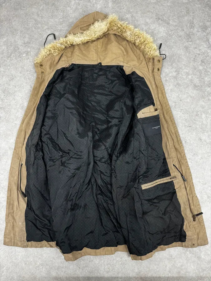 2000s Givenchy Destroyed Fur Hood Beige Cargo Jacket kpyXcvD 4