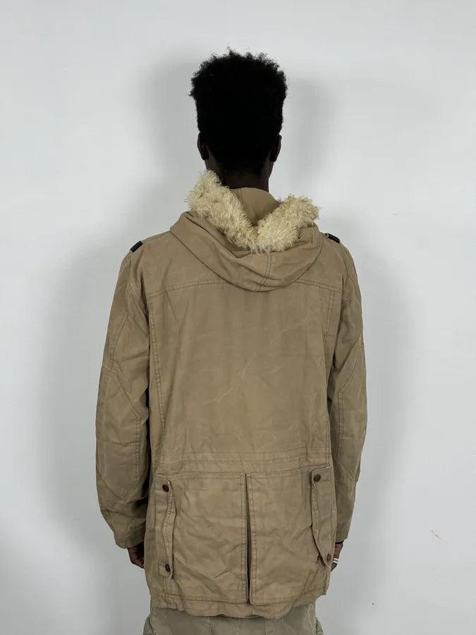 2000s Givenchy Destroyed Fur Hood Beige Cargo Jacket kpyXcvD 1